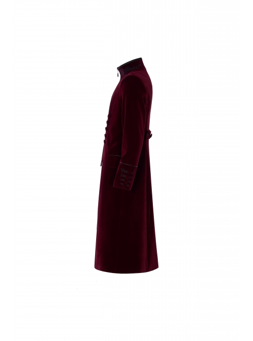High Collar Front Chest Embroidery Long Sleeve Button Cuff Wine Red Gothic Jacquard Coat
