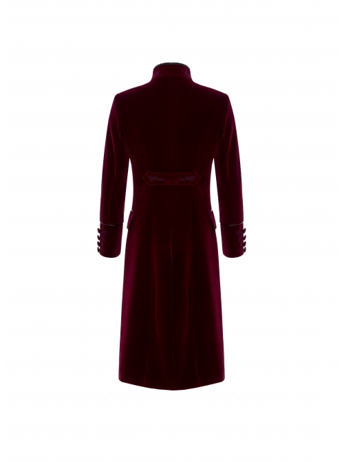 High Collar Front Chest Embroidery Long Sleeve Button Cuff Wine Red Gothic Jacquard Coat