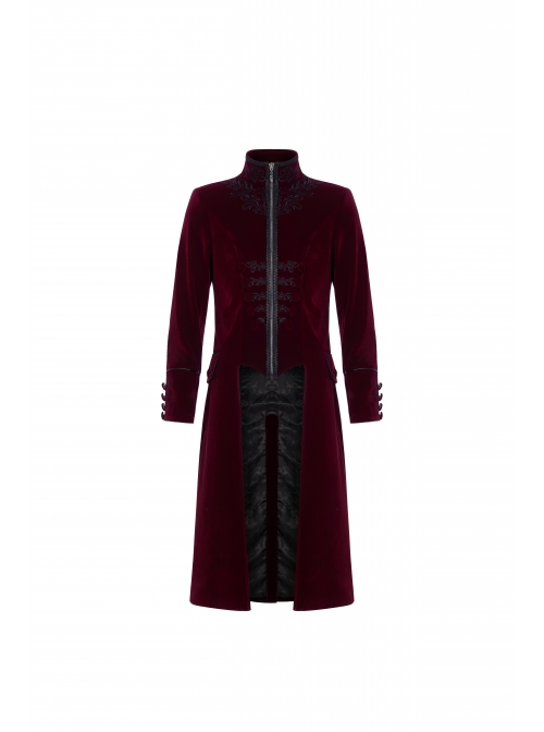 High Collar Front Chest Embroidery Long Sleeve Button Cuff Wine Red Gothic Jacquard Coat