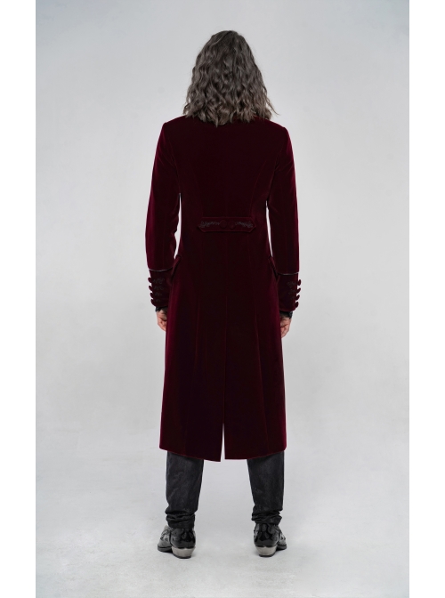 High Collar Front Chest Embroidery Long Sleeve Button Cuff Wine Red Gothic Jacquard Coat