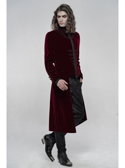 High Collar Front Chest Embroidery Long Sleeve Button Cuff Wine Red Gothic Jacquard Coat