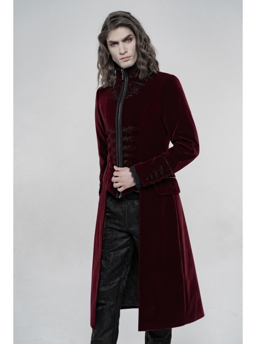 High Collar Front Chest Embroidery Long Sleeve Button Cuff Wine Red Gothic Jacquard Coat