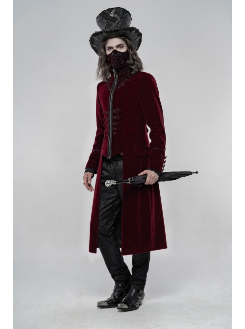 High Collar Front Chest Embroidery Long Sleeve Button Cuff Wine Red Gothic Jacquard Coat