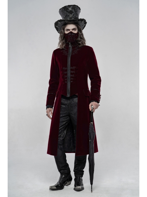 High Collar Front Chest Embroidery Long Sleeve Button Cuff Wine Red Gothic Jacquard Coat