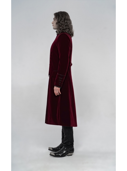 High Collar Front Chest Embroidery Long Sleeve Button Cuff Wine Red Gothic Jacquard Coat