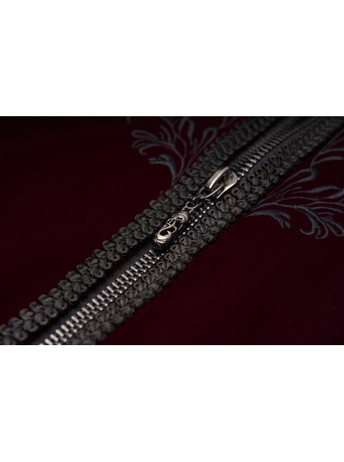 High Collar Front Chest Embroidery Long Sleeve Button Cuff Wine Red Gothic Jacquard Coat