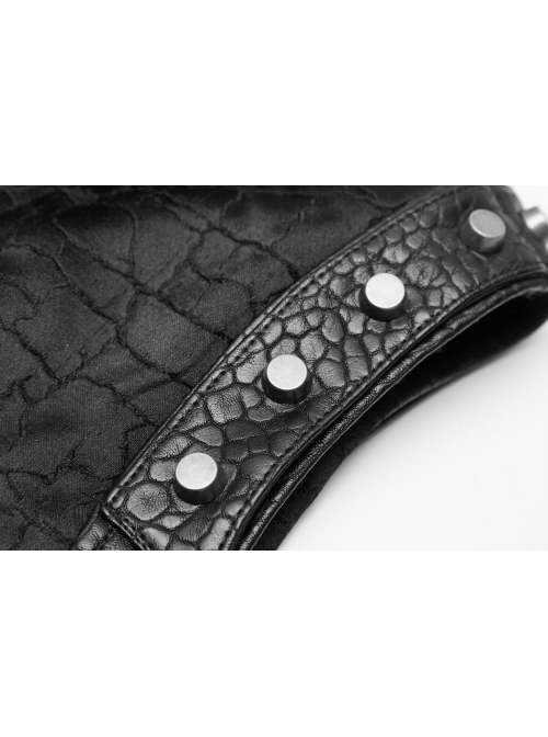 Shoulder Rivet Leather Loop Front Metal Hasp Black Punk Jacquard Vest