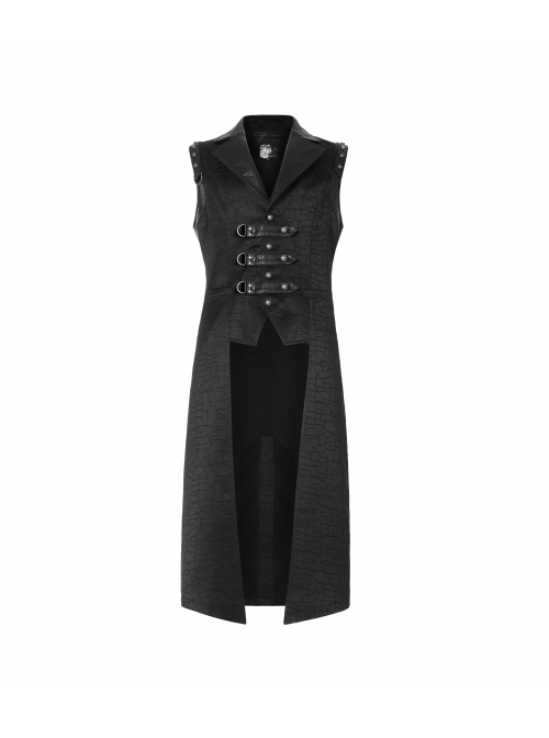 Shoulder Rivet Leather Loop Front Metal Hasp Black Punk Jacquard Vest