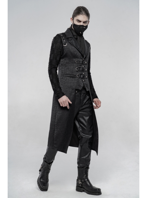 Shoulder Rivet Leather Loop Front Metal Hasp Black Punk Jacquard Vest