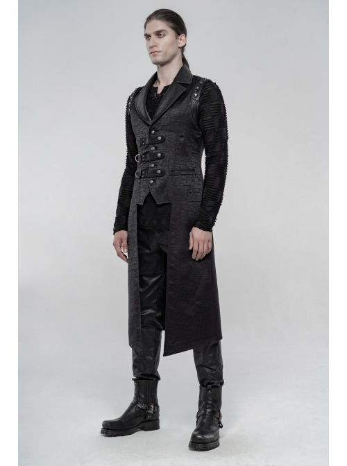 Shoulder Rivet Leather Loop Front Metal Hasp Black Punk Jacquard Vest