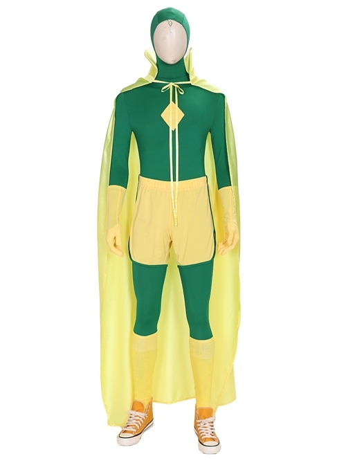 Wanda Vision Vision Green Bodysuit Yellow Cloak Halloween Cosplay Costume Set