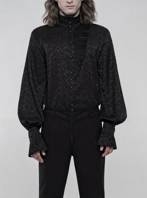 High Collar Front Metal Retro Button Lantern Sleeve Black Gothic Print Jacquard Shirt