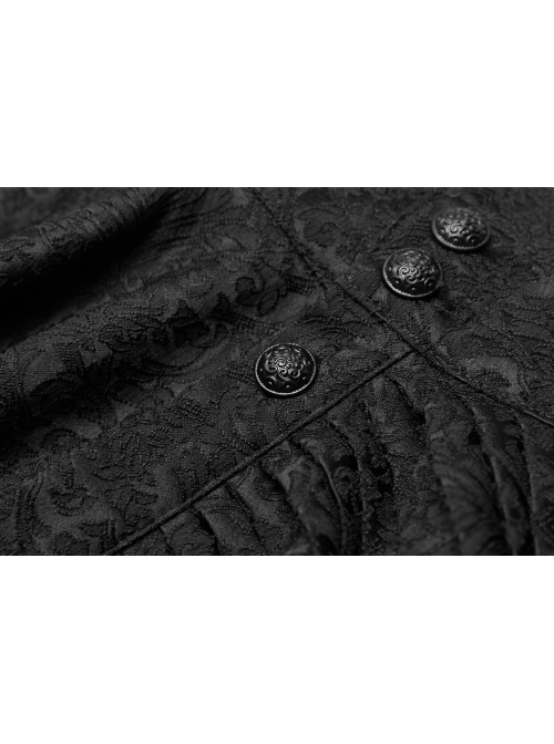 High Collar Front Metal Retro Button Lantern Sleeve Black Gothic Print Jacquard Shirt