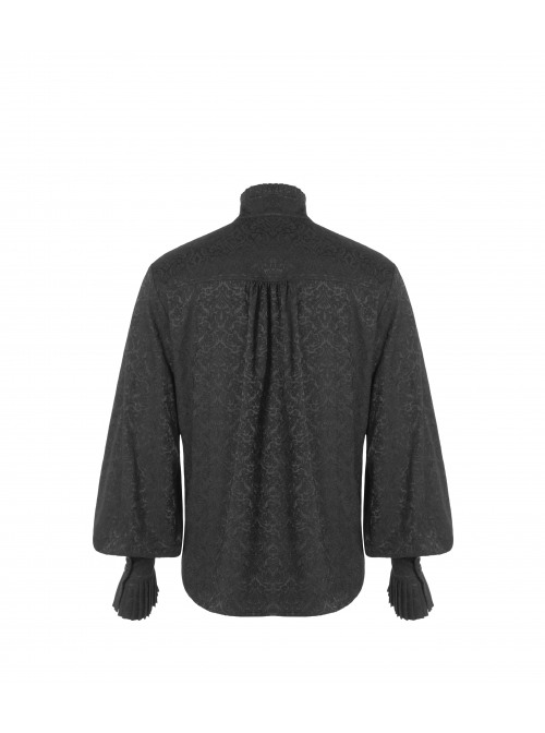 High Collar Front Metal Retro Button Lantern Sleeve Black Gothic Print Jacquard Shirt