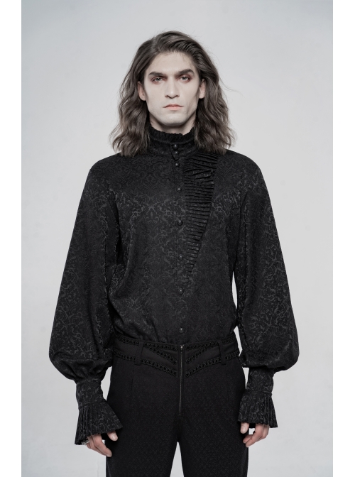 High Collar Front Metal Retro Button Lantern Sleeve Black Gothic Print Jacquard Shirt