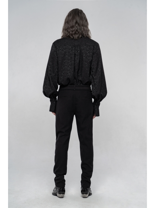 High Collar Front Metal Retro Button Lantern Sleeve Black Gothic Print Jacquard Shirt
