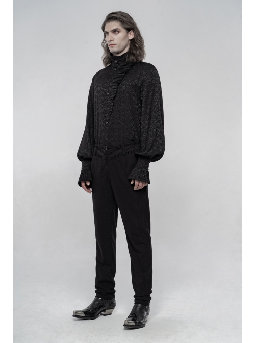 High Collar Front Metal Retro Button Lantern Sleeve Black Gothic Print Jacquard Shirt