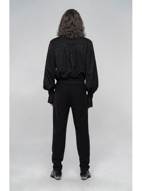 High Collar Front Metal Retro Button Lantern Sleeve Black Gothic Print Jacquard Shirt