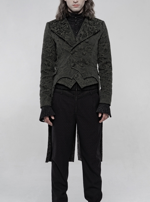Stand-Up Collar Front Chest Button Long Sleeve Slit Dovetail Hem Black Gothic Retro Jacquard Jacket