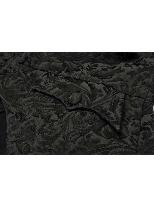 Stand-Up Collar Front Chest Button Long Sleeve Slit Dovetail Hem Black Gothic Retro Jacquard Jacket