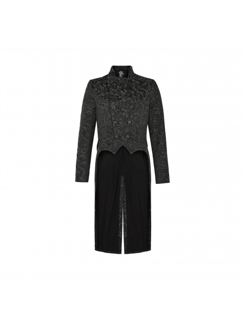 Stand-Up Collar Front Chest Button Long Sleeve Slit Dovetail Hem Black Gothic Retro Jacquard Jacket