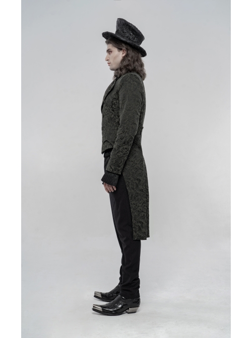 Stand-Up Collar Front Chest Button Long Sleeve Slit Dovetail Hem Black Gothic Retro Jacquard Jacket