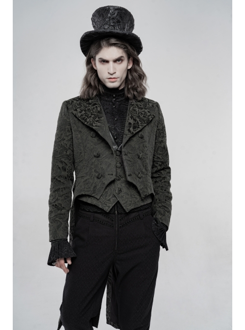 Stand-Up Collar Front Chest Button Long Sleeve Slit Dovetail Hem Black Gothic Retro Jacquard Jacket