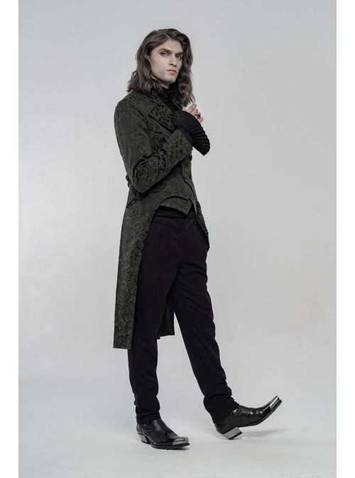 Stand-Up Collar Front Chest Button Long Sleeve Slit Dovetail Hem Black Gothic Retro Jacquard Jacket