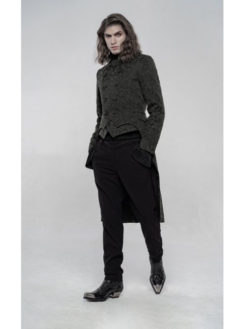 Stand-Up Collar Front Chest Button Long Sleeve Slit Dovetail Hem Black Gothic Retro Jacquard Jacket