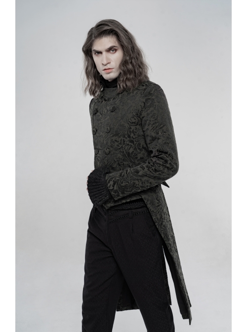 Stand-Up Collar Front Chest Button Long Sleeve Slit Dovetail Hem Black Gothic Retro Jacquard Jacket