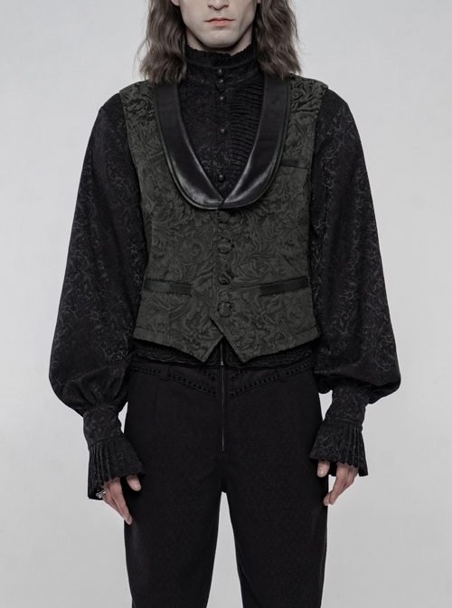 Front Button Back Waist Metal Leather Hasp Black Gothic Jacquard Vest