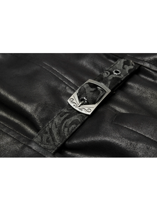 Front Button Back Waist Metal Leather Hasp Black Gothic Jacquard Vest