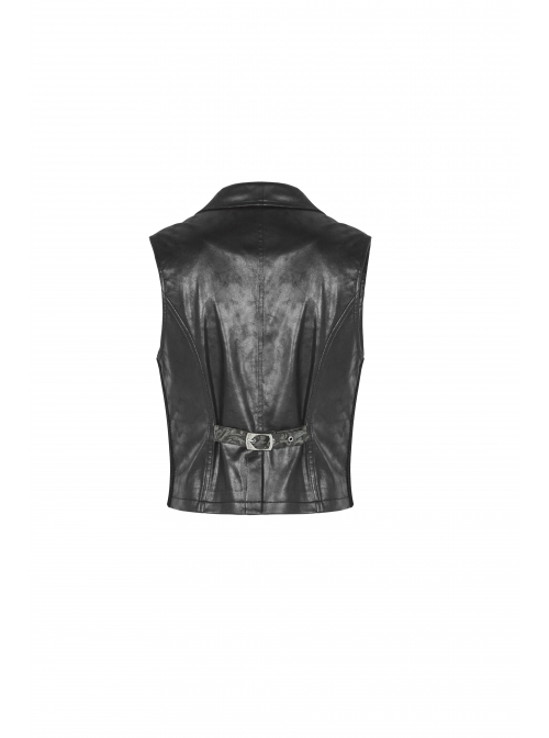 Front Button Back Waist Metal Leather Hasp Black Gothic Jacquard Vest