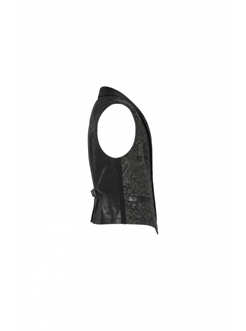Front Button Back Waist Metal Leather Hasp Black Gothic Jacquard Vest