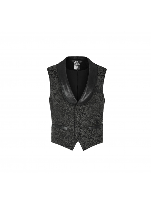 Front Button Back Waist Metal Leather Hasp Black Gothic Jacquard Vest