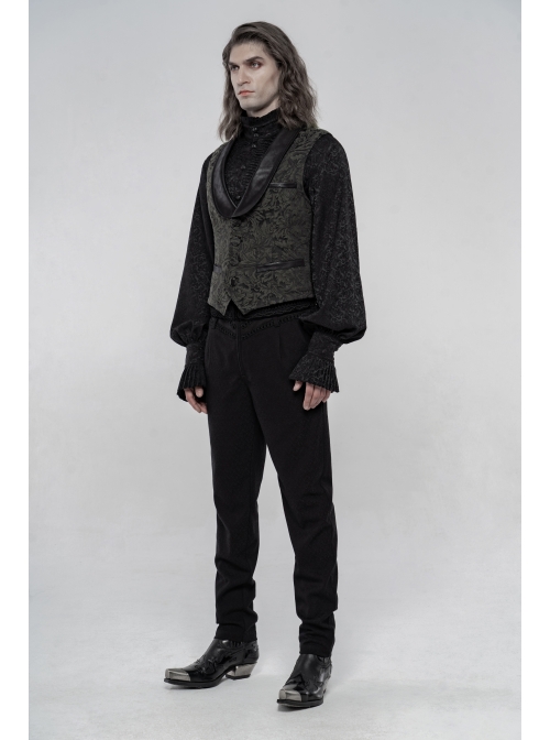 Front Button Back Waist Metal Leather Hasp Black Gothic Jacquard Vest