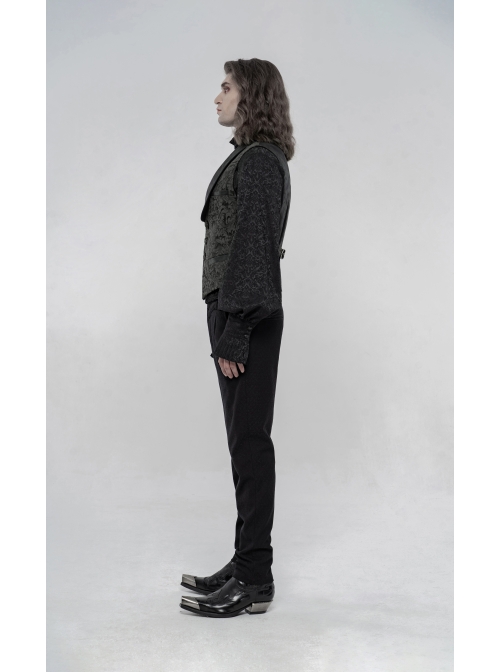 Front Button Back Waist Metal Leather Hasp Black Gothic Jacquard Vest