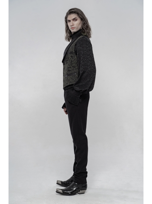Front Button Back Waist Metal Leather Hasp Black Gothic Jacquard Vest