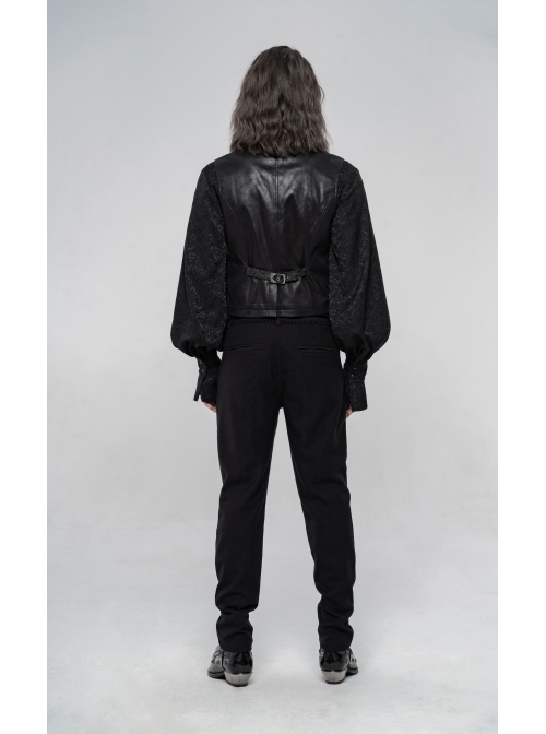Front Button Back Waist Metal Leather Hasp Black Gothic Jacquard Vest