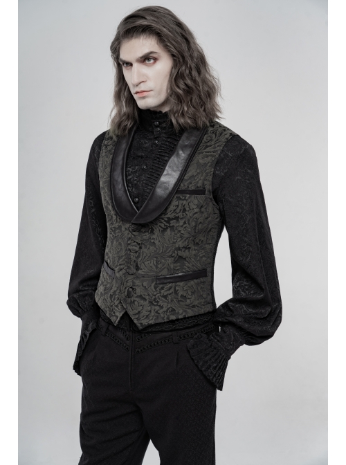 Front Button Back Waist Metal Leather Hasp Black Gothic Jacquard Vest