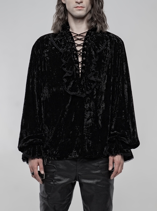 V-Neck Lace-Up Front Chest Frill Lantern Sleeve Lace Cuff Black Gothic Velvet Shirt