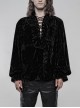 V-Neck Lace-Up Front Chest Frill Lantern Sleeve Lace Cuff Black Gothic Velvet Shirt