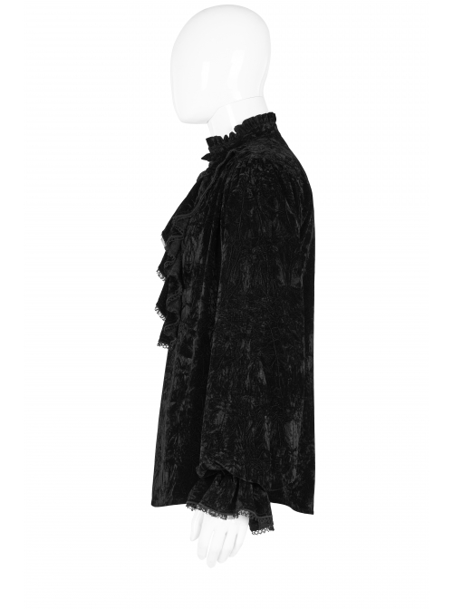 V-Neck Lace-Up Front Chest Frill Lantern Sleeve Lace Cuff Black Gothic Velvet Shirt