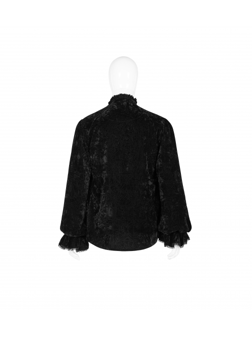 V-Neck Lace-Up Front Chest Frill Lantern Sleeve Lace Cuff Black Gothic Velvet Shirt