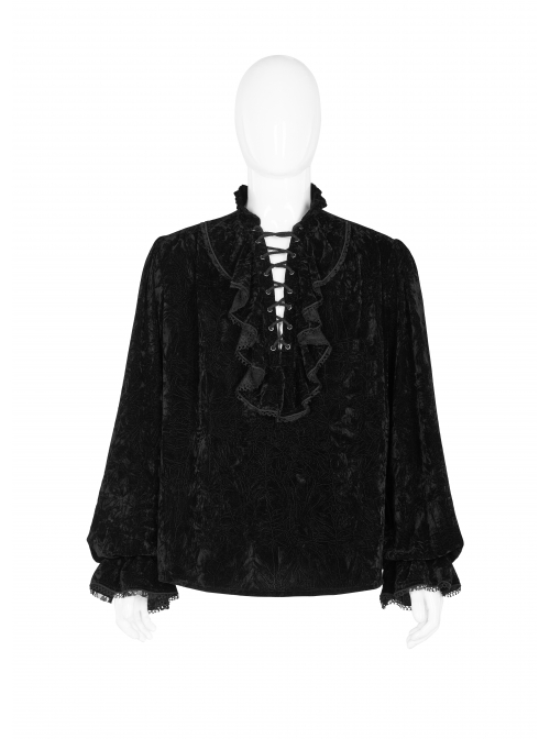 V-Neck Lace-Up Front Chest Frill Lantern Sleeve Lace Cuff Black Gothic Velvet Shirt