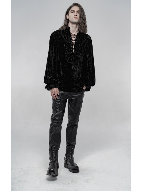 V-Neck Lace-Up Front Chest Frill Lantern Sleeve Lace Cuff Black Gothic Velvet Shirt