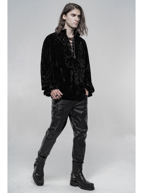 V-Neck Lace-Up Front Chest Frill Lantern Sleeve Lace Cuff Black Gothic Velvet Shirt