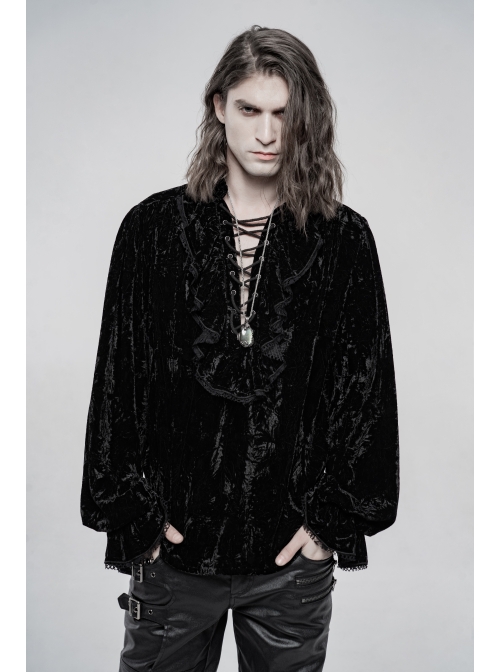 V-Neck Lace-Up Front Chest Frill Lantern Sleeve Lace Cuff Black Gothic Velvet Shirt