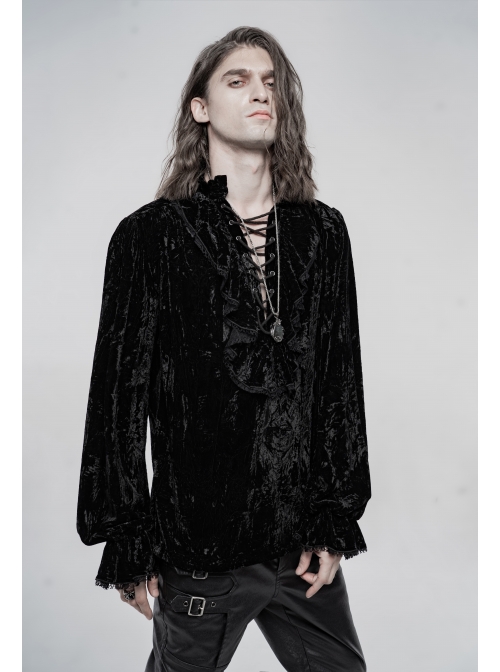 V-Neck Lace-Up Front Chest Frill Lantern Sleeve Lace Cuff Black Gothic Velvet Shirt