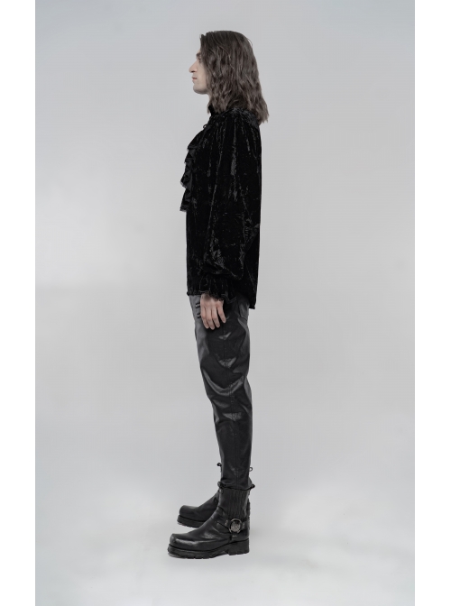 V-Neck Lace-Up Front Chest Frill Lantern Sleeve Lace Cuff Black Gothic Velvet Shirt